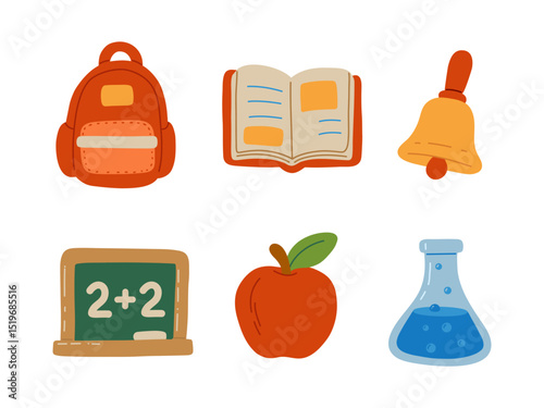 Vector illustration of school and education icons backpack, book, bell, chalkboard, apple, and chemistry flask. Perfect for back-to-school projects, learning materials, and academic designs.