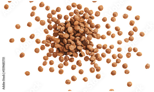 Pile dry dog food isolated on white background, top view, vector illustration, pet food, dog nutrition, dog supplies, canine diet, healthy dog food, premium dog food, dry food for pets.
