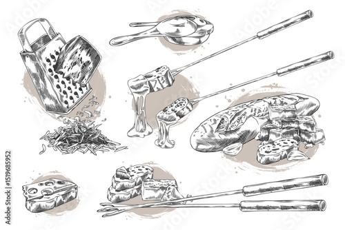 Cheese fondue ink sketch vector set, fondue ingredients, cooking equipment and skewers, cheese pieces, garlic with bread