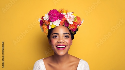 Radiant portrait of a joyful young Black woman adorned with a vibrant flower crown, set against a solid yellow backdrop, capturing a lively and artistic mood.
