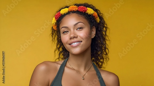 Radiant portrait of a joyful young Black woman adorned with a vibrant flower crown, set against a solid yellow backdrop, capturing a lively and artistic mood.