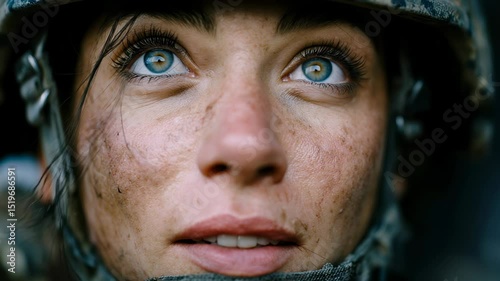 Female soldier gazes upward, wishing for peace amid the chaos of war in a poignant moment of reflection