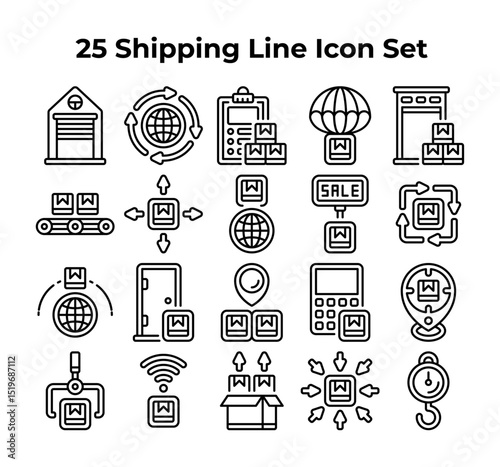 Twentyfive line drawings depict global shipping processes.