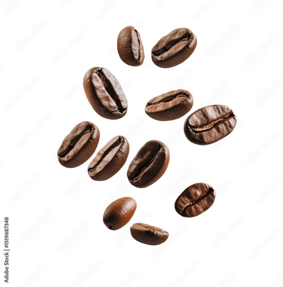 Assorted coffee beans arranged in artistic pattern showcasing rich brown hues and detailed textures on transparent background Assorted coffee beans arranged in artistic pattern showcasing rich brown hues and detailed textures on transparent background