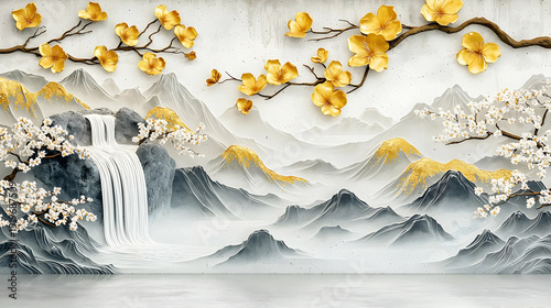 Gold And White Floral Waterfall Landscape Painting