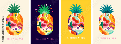 Decorative vector illustrations with colourful Pineapples fruits. Summer bright cover design.