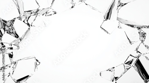 Shattered glass fragments, shards radiating outwards from a central point, against a plain white background