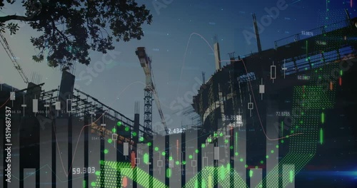 Bar chart fading in candlestick bars and arrow rising slumping over crane visualizing market trend
