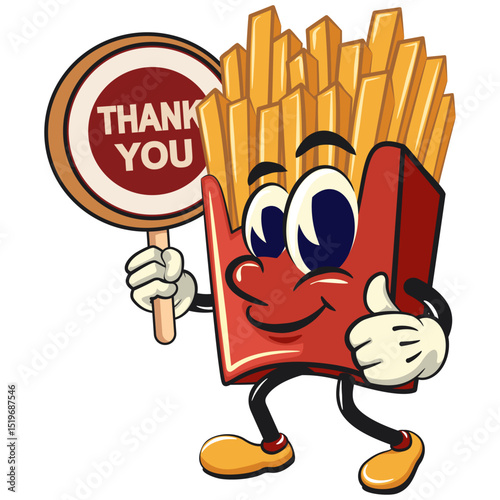 funny french fries cartoon mascot say thank you, fast food vector character isolated on white, work of hand drawn
