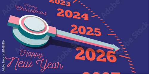 Congratulations on the New Year 2026 on the background of the speedometer counter. Vector illustration