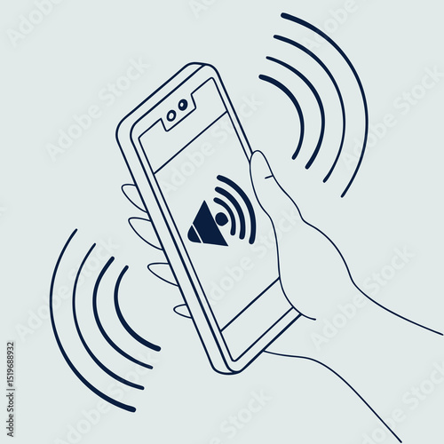Hand holding smartphone with sound wave icon indicating notification or audible alert