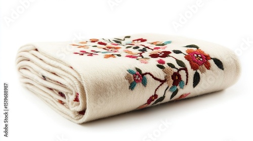 Folded cream-colored blanket with embroidered floral design