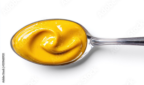 A perfectly spoonful of mustard on a white background 