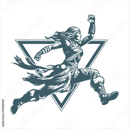 Viking woman. Vector illustration of female warrior running with an axe. 