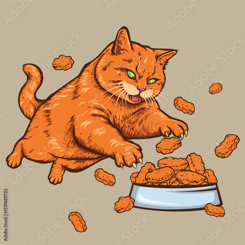 Red Cat plunging to his food. Vector illustration in comic technique of a cute orange cat jumping to the food bowl.