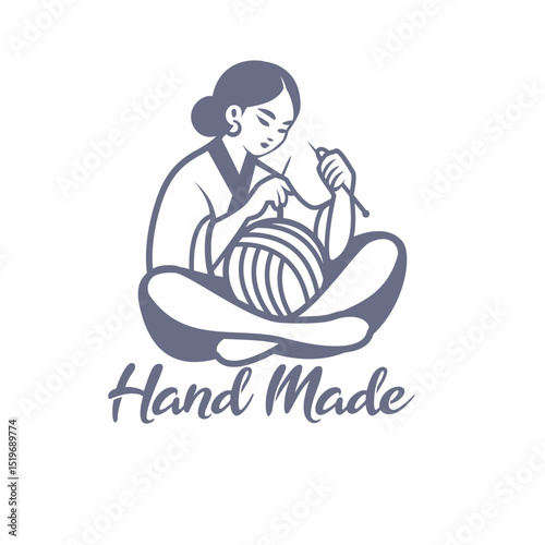 "Handmade" - Knitting woman. Vector illustration of woman with yarn ball. 