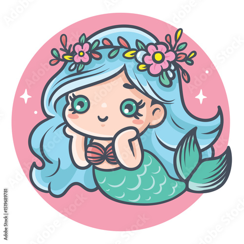 Cute Mermaid. Vector illustration of adorable little girl with fish tail. Comic children drawing. 