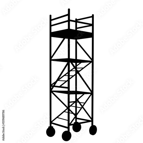Mobile scaffolding tower with three platforms and integrated ladder. This sturdy construction equipment ensures safe access to heights for various building projects.