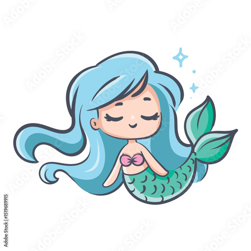 Cute Mermaid. Vector illustration of adorable little girl with fish tail. Comic children drawing. 
