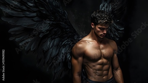 Handsome Athletic Man in Black Angel Costume on Black Background