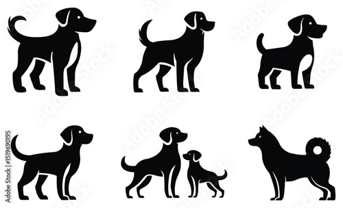 Dog silhouette icons black pet symbol set isolated on white background. Vector graphics.