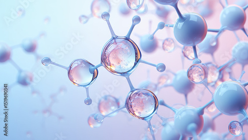 Collagen or retinol or ceramide molecule cosmetic moisturizing ingredient. Molecular structure swatch. Bubbles, moisturizer, liquid essence, serum or toner, beauty and cosmetics blue lilac background.