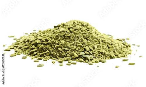 Green powder, minced pumpkin seeds isolated on white, vector illustration, organic superfoods, healthy ingredients, raw food, high protein, green smoothie, plant-based nutrition.