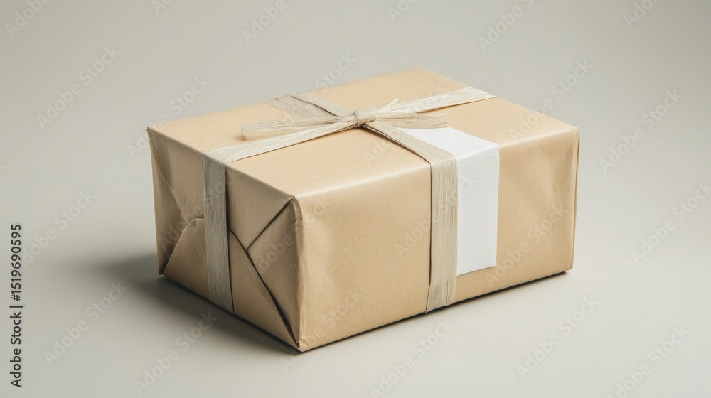Obraz premium Brown Wrapped Gift Box with Ribbon on Neutral Background