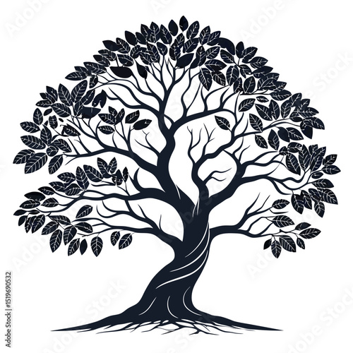 Black and white artistic illustration of a detailed tree with leaves on a white background