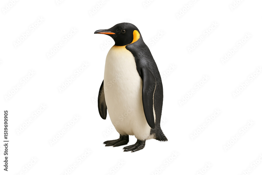 Obraz premium emperor penguin standing on white background, isolated wildlife animal illustration with bright yellow neck and smooth feathers