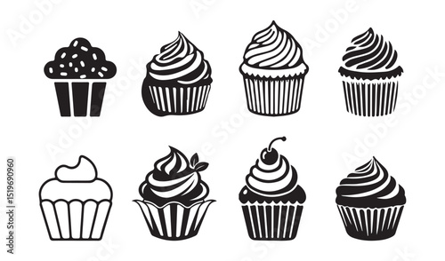 Cupcake Silhouette Icon Set – Black and Outline Vector Desserts with Toppings and Frosting. vector illustration