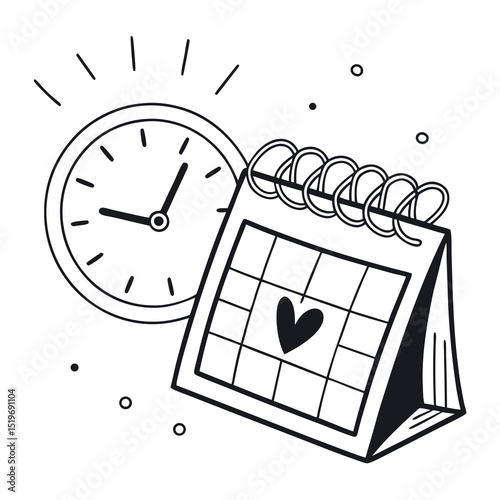 Cute hand drawn illustration of a clock next to a calendar with heart symbol