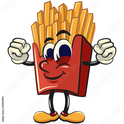 funny french fries cartoon mascot be healthy and strong enough to become a champion, fast food vector character isolated on white, work of hand drawn