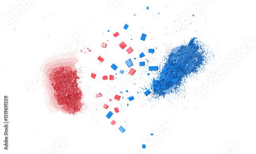 Red blue chalk pieces, dust flying effect, explosion isolated on white background, vector illustration, artistic explosion, vibrant color splatter, chalk art, dynamic burst, creative splash.