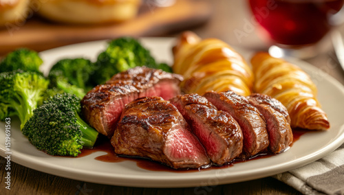 plate of juicy, flaked medium rare steak with side of golden pastry and vibrant broccoli, creating delicious and inviting meal
