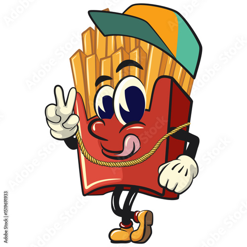 funny french fries cartoon mascot wearing a hip-hop style hat and wearing a sparkling gold necklace, fast food vector character isolated on white, work of hand drawn