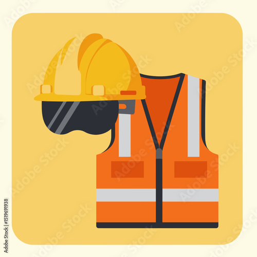 Safety Gear Illustration Featuring a Hard Hat and Reflective Vest on a Yellow Background