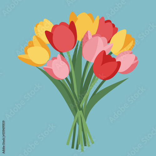 Vibrant bouquet of tulips in various colors against a soft blue background
