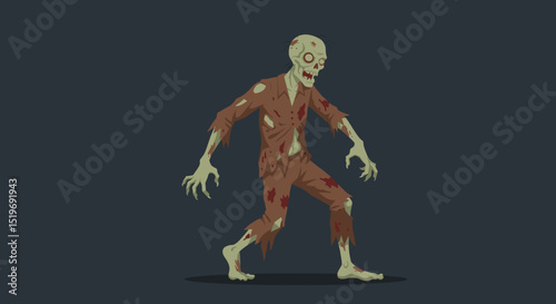 Cartoon zombie character with tattered clothing, walking in a dark, eerie setting