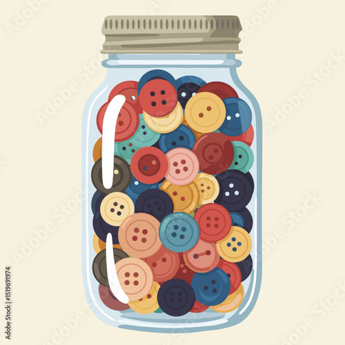 Colorful assortment of buttons in a glass jar, set against a soft pastel background