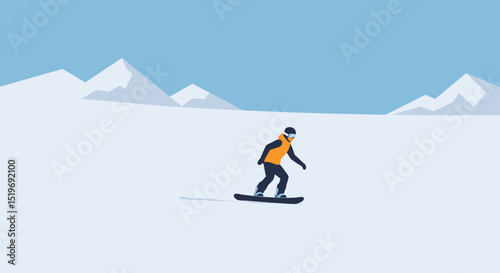 Snowboarder gliding down a snowy slope with mountains in the background, showcasing winter sports