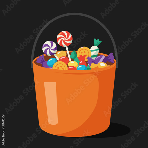 A vibrant orange bucket filled with colorful candies and sweets against a dark background
