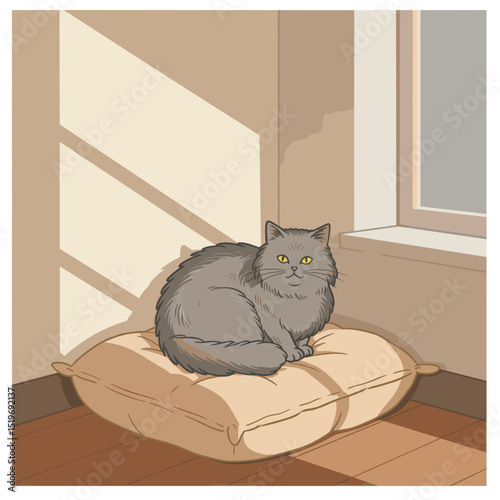 A fluffy gray cat lounging in a sunlit room with shadows on the wall