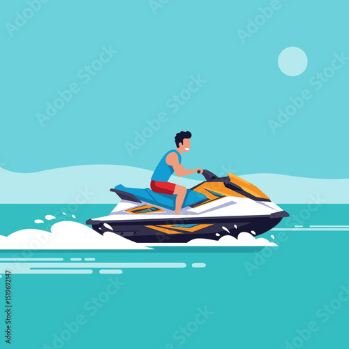 A man joyfully riding a jet ski across turquoise waters under a sunny sky