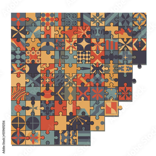 Colorful geometric puzzle pieces arranged in a vibrant pattern on a white background