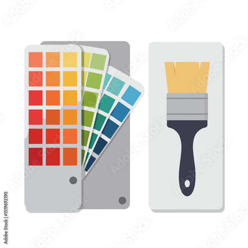 Color palette samples and paintbrush on a clean background for design projects