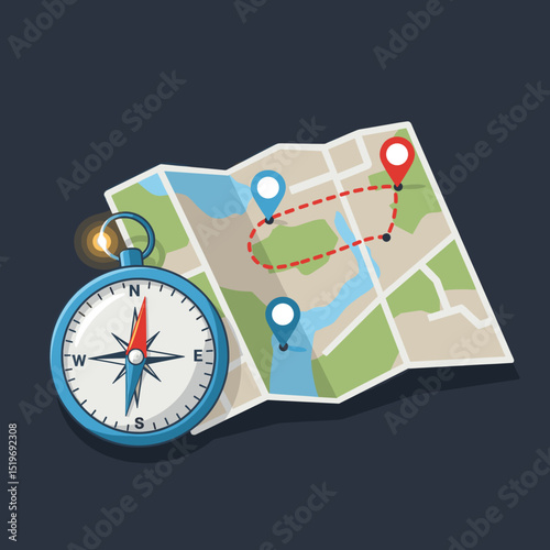 Colorful map with a compass, showing a route marked in red, ideal for travel planning