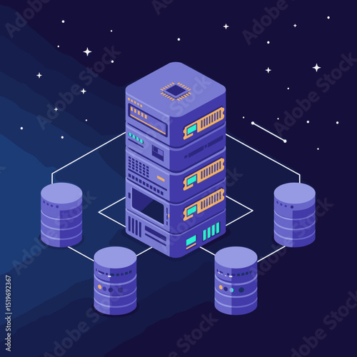 A modern data center illustration featuring a tall server tower amidst digital elements