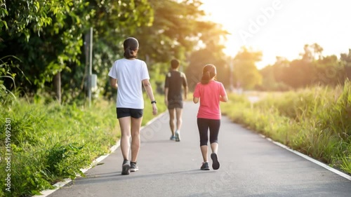 Two people walking on a paved path through a park-like setting