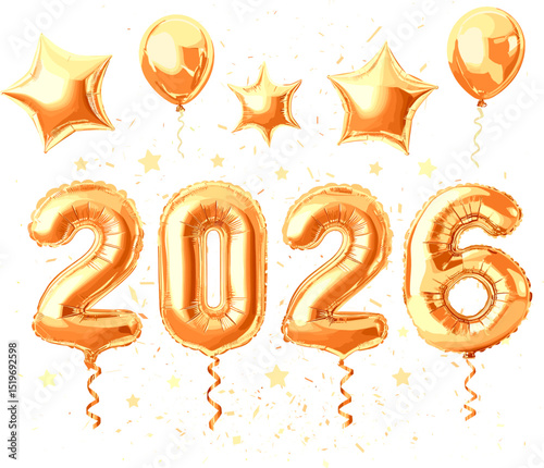 2026 Happy new year with balloons, ribbons and confetti